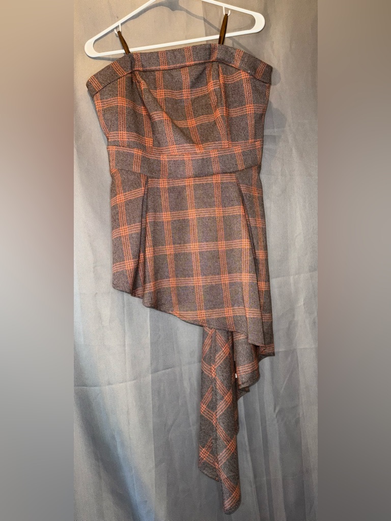 Nwt Ny&C Plaid Halter Top L Brown Orange Asymmetrical Ruffle Hem Fall Chic